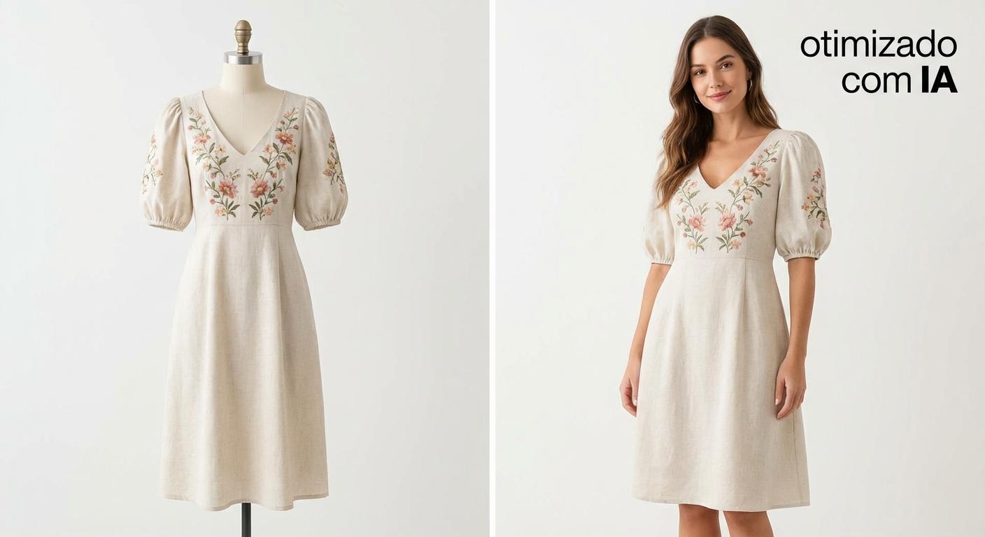 Antes e depois: foto de produto original no manequim vs foto otimizada com IA mostrando modelo vestindo o produto