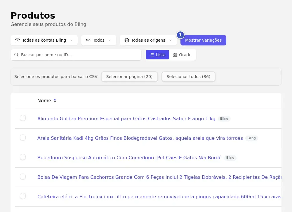 Tela Produtos com o botão Mostrar variações (1) ligado