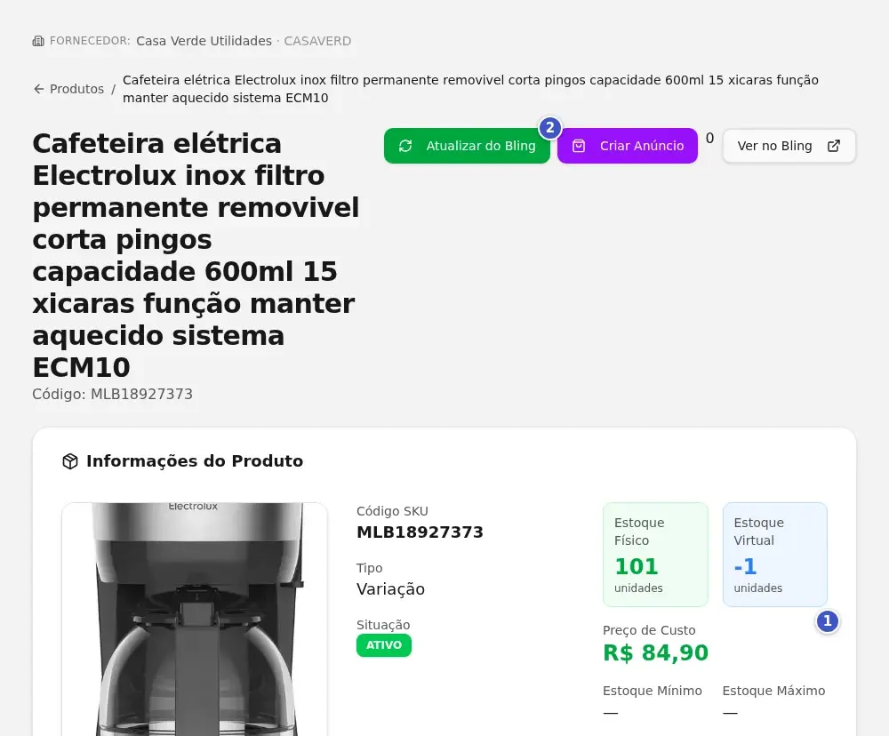 Detalhe de um produto do fornecedor com o cabeçalho Fornecedor, os estoques físico e virtual, o Preço de Custo (1) e o botão Atualizar do Bling (2)