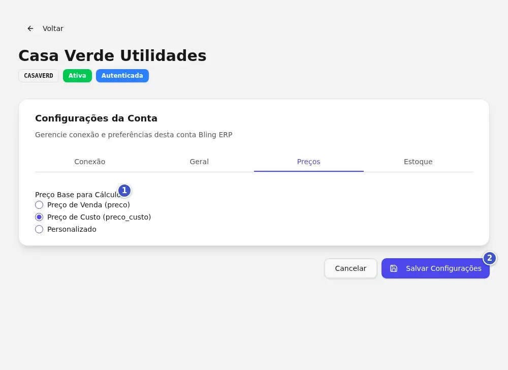 Aba Preços da conta Bling com as três opções de Preço Base para Cálculos (1) e o botão Salvar Configurações (2)