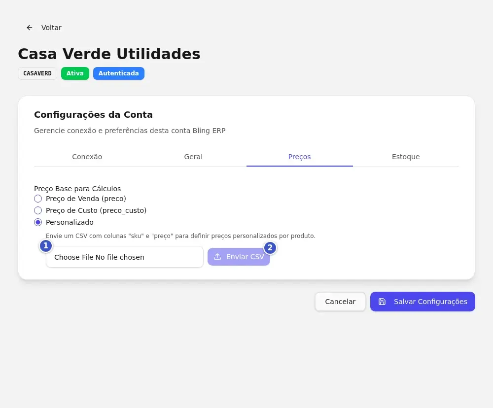 Aba Preços com a opção Personalizado marcada, o campo de arquivo (1) e o botão Enviar CSV (2)