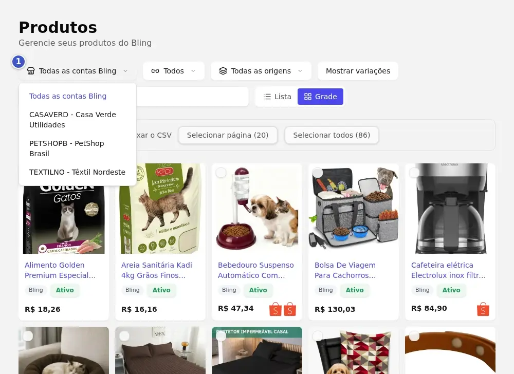 Tela Produtos do lojista em grade, com o filtro Todas as contas Bling (1) aberto listando as contas dos três fornecedores