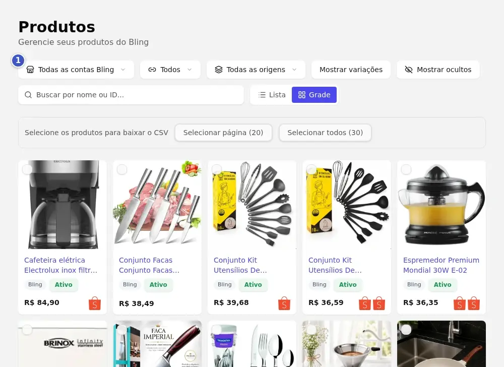 Tela Produtos do fornecedor em visualização de grade, com o filtro Todas as contas Bling (1) e os cards com foto dos produtos vindos do Bling