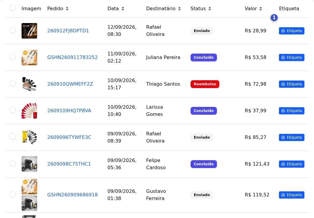 Tabela de pedidos do fornecedor com a coluna Etiqueta (1) e um botão Etiqueta em cada linha