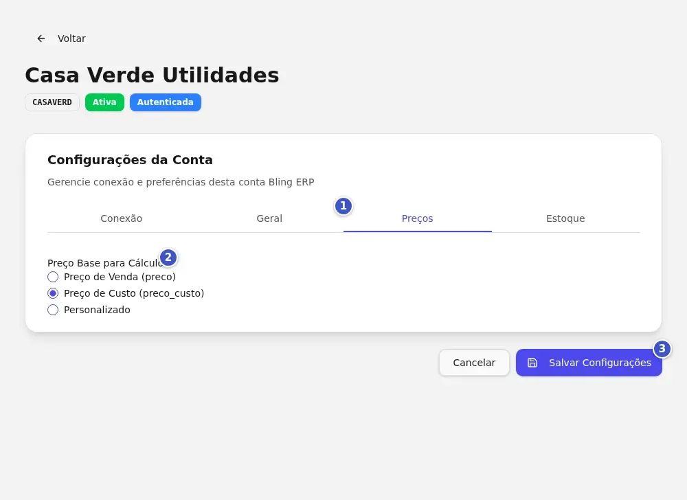 Configurações da conta Bling na aba Preços (1), com o grupo Preço Base para Cálculos (2) e o botão Salvar Configurações (3)