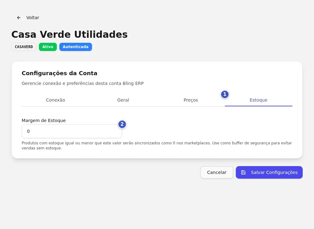 Configurações da conta Bling na aba Estoque (1), com o campo Margem de Estoque (2)