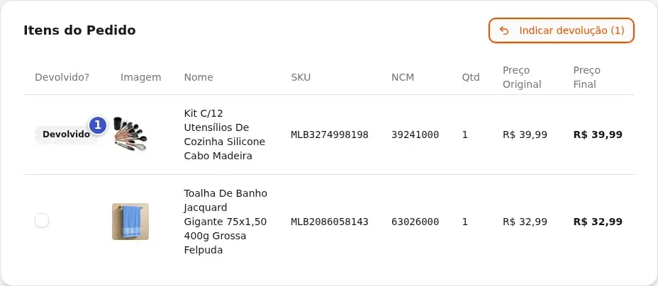 Cartão Itens do Pedido com o primeiro item marcado como Devolvido (1) na coluna Devolvido?