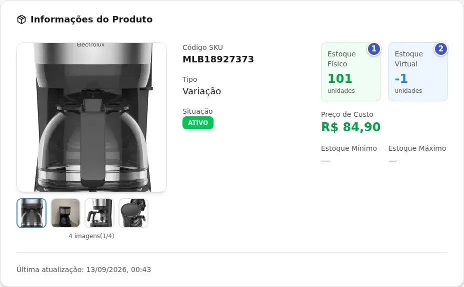 Cartão Informações do Produto na visão do fornecedor, com o Estoque Físico (1), o Estoque Virtual (2) e os campos Estoque Mínimo e Máximo vazios