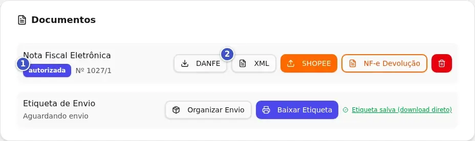 Card Documentos do pedido, na visão do lojista, com a NF-e autorizada (1) e o botão DANFE (2)