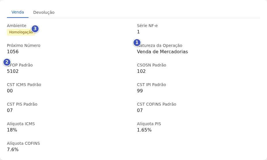 Aba Venda da Configuração Fiscal do lojista com Natureza da Operação (1), CFOP Padrão (2) e Ambiente (3)