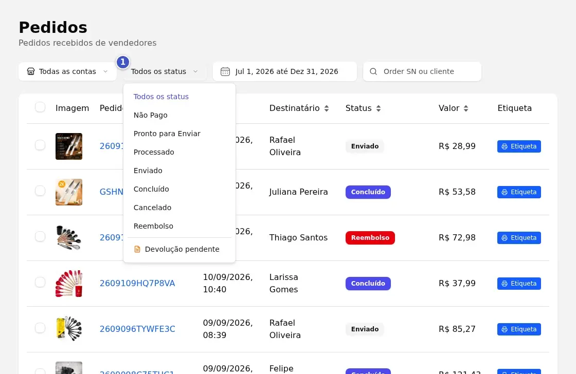 Tela Pedidos do fornecedor com o filtro Todos os status (1) aberto, listando Não Pago, Pronto para Enviar, Processado, Enviado, Concluído, Cancelado, Reembolso e Devolução pendente