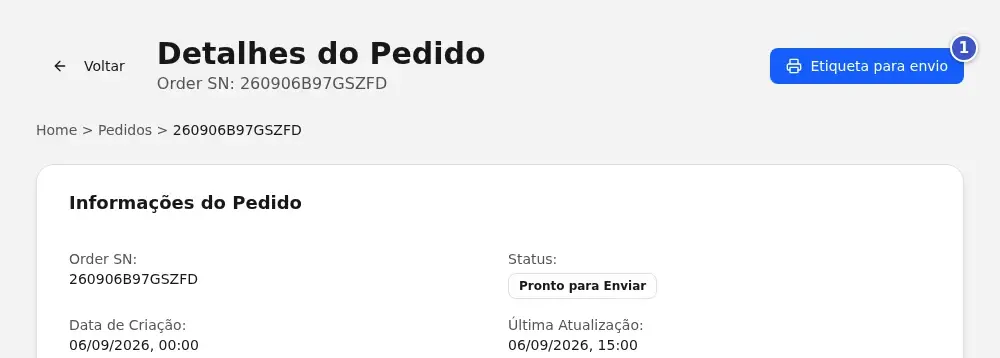 Cabeçalho do detalhe do pedido na visão do fornecedor, com o botão Etiqueta para envio (1) e o início do cartão Informações do Pedido