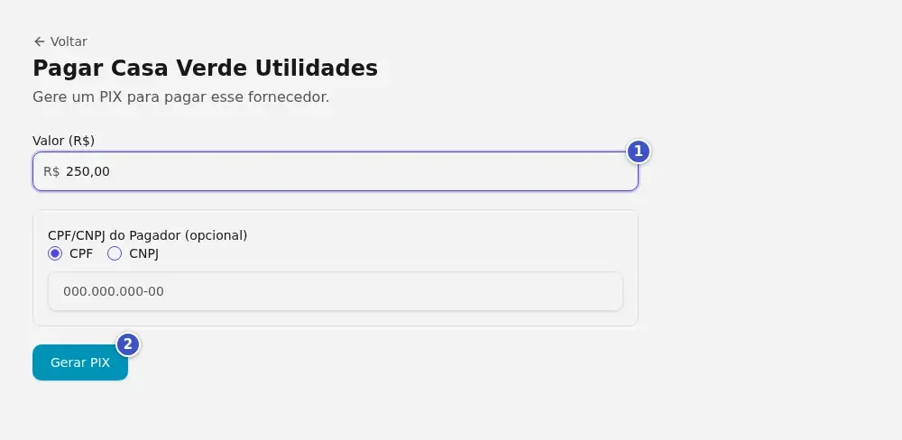 Formulário Pagar na visão do lojista, com o campo Valor preenchido (1) e o botão Gerar PIX (2)