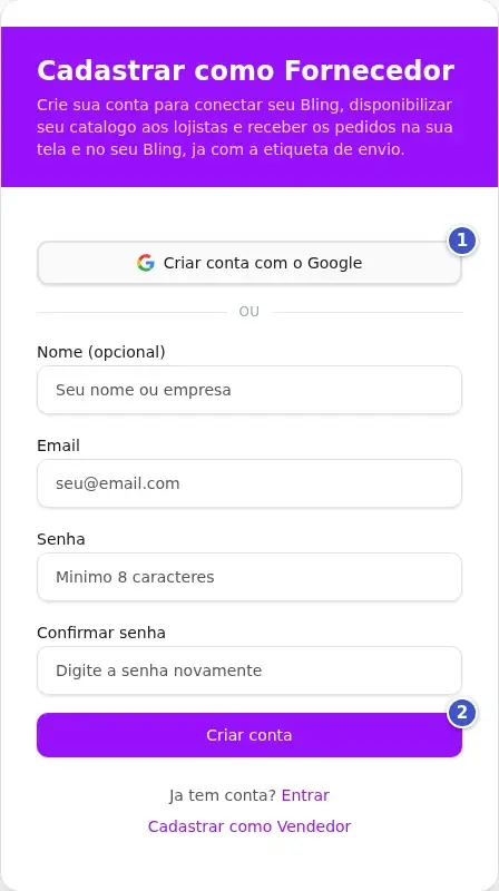 Tela Cadastrar como Fornecedor com o botão Criar conta com o Google (1), os campos de e-mail e senha e o botão Criar conta (2)