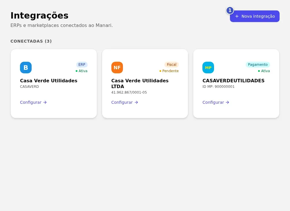 Tela Integrações do fornecedor com o botão Nova integração (1) e os cartões das contas já conectadas