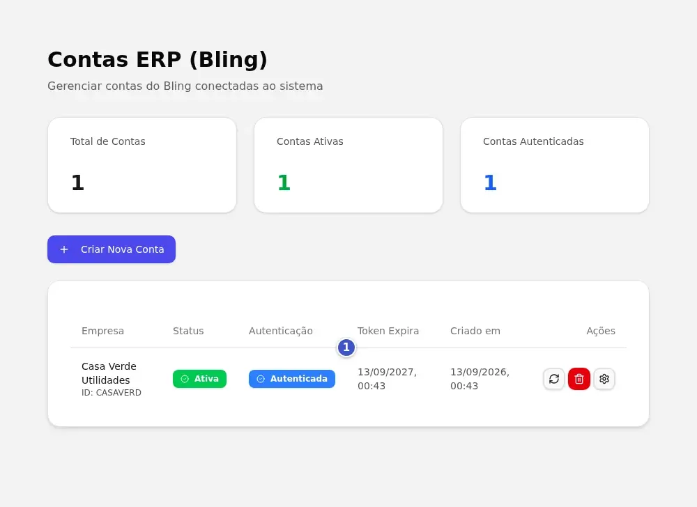 Tela Contas ERP (Bling) com a conta Ativa e o selo Autenticada (1) na tabela de contas