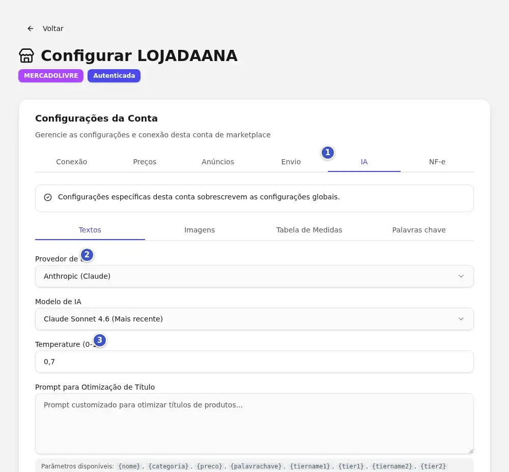 Configurações da conta na aba IA (1), sub-aba Textos, com Provedor de IA (2), Modelo de IA e Temperature (3)