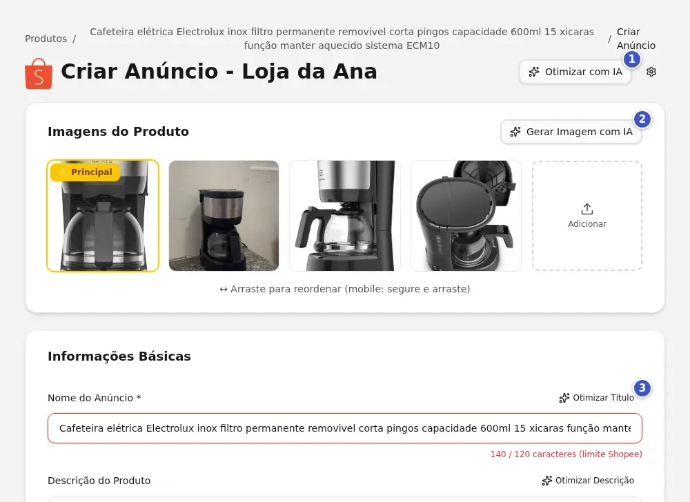 Formulário de criação de anúncio com os botões Otimizar com IA (1), Gerar Imagem com IA (2) e Otimizar Título (3)