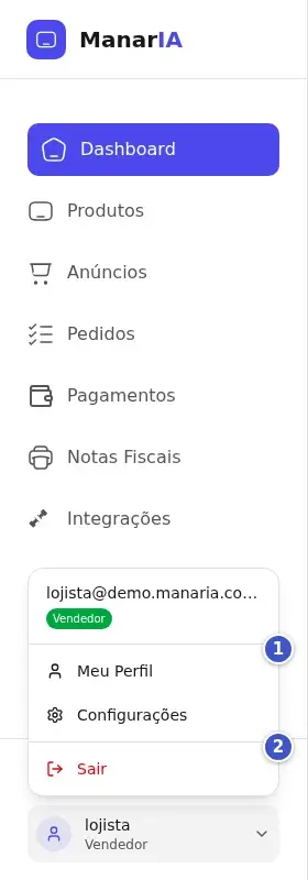 Barra lateral com o menu do usuário aberto, mostrando os itens Meu Perfil (1), Configurações e Sair (2)