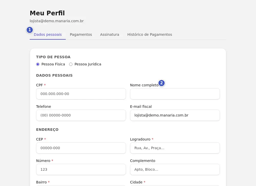 Tela Meu Perfil na aba Dados pessoais (1), com o formulário de tipo de pessoa, CPF, Nome completo (2), telefone e endereço