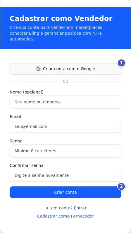 Tela Cadastrar como Vendedor com o botão Criar conta com o Google (1), os campos de e-mail e senha e o botão Criar conta (2)