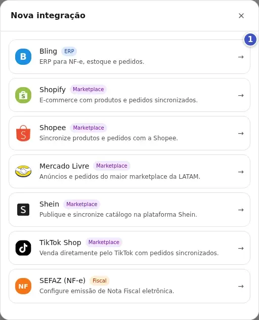 Janela Nova integração com a lista de opções e o item Bling em destaque (1)