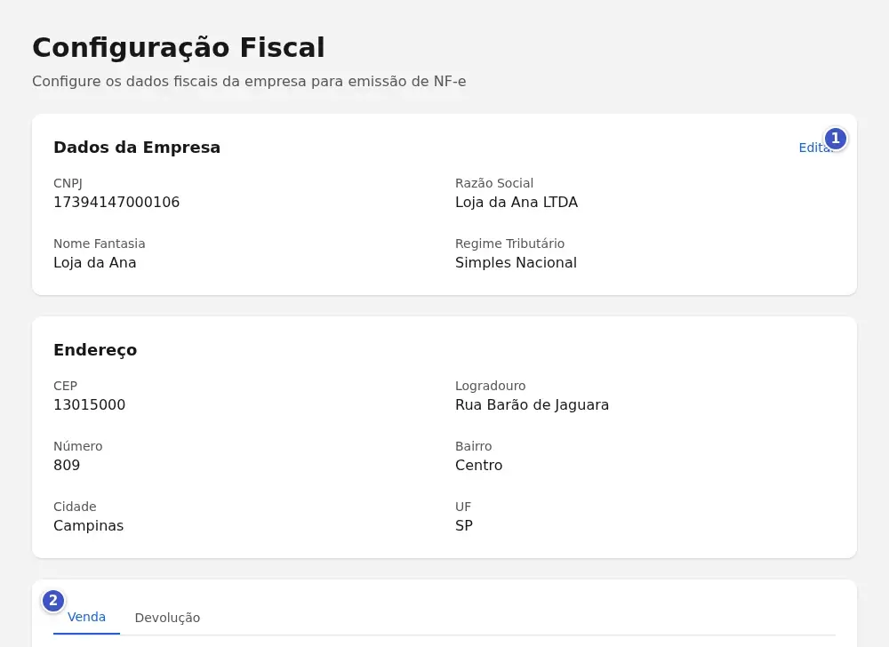 Página Configuração Fiscal em modo de visualização, com o botão Editar (1) e as abas Venda (2) e Devolução