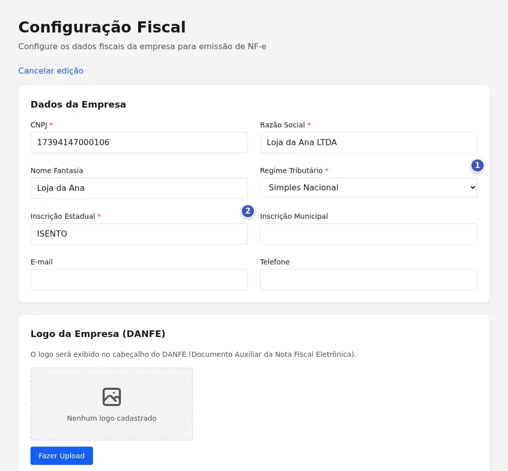 Formulário Dados da Empresa em edição, com os campos CNPJ, Razão Social, Regime Tributário (1) e Inscrição Estadual (2)