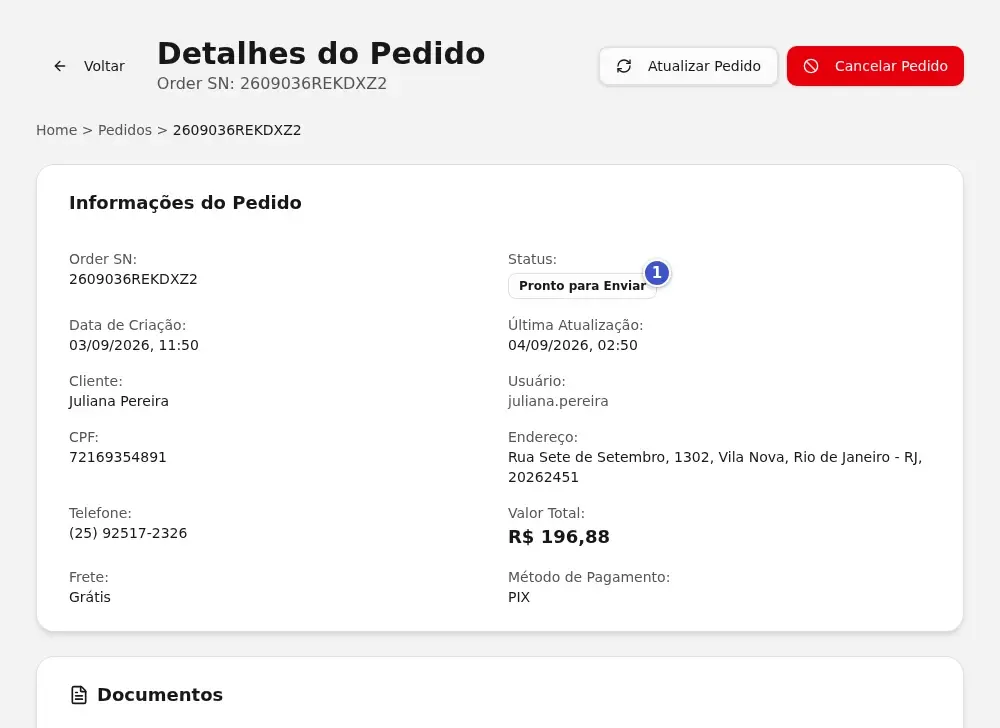 Detalhes do pedido com o status Pronto para Enviar (1) em destaque