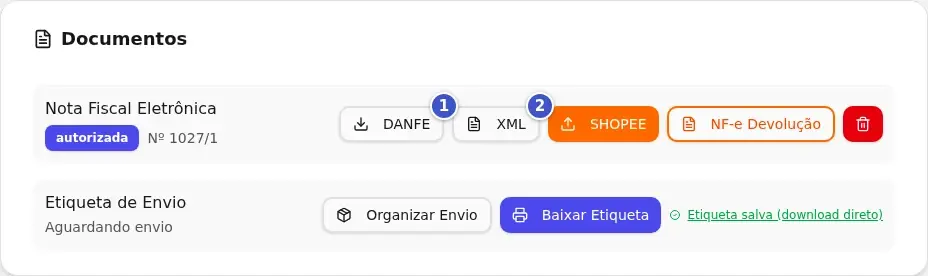 Card Documentos com a NF-e autorizada, o botão DANFE (1) e o botão XML (2)