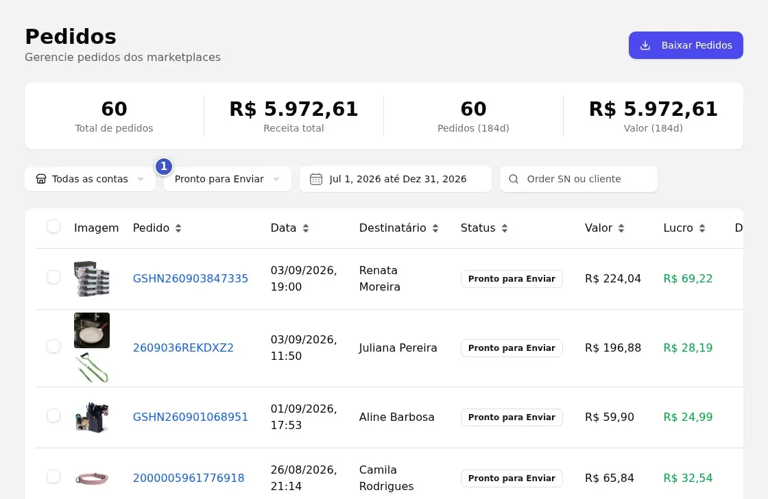 Tela Pedidos filtrada por Pronto para Enviar (1), com os pedidos aguardando despacho