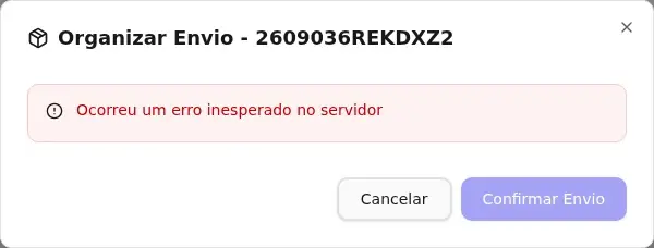Janela Organizar Envio do pedido com os botões Cancelar e Confirmar Envio