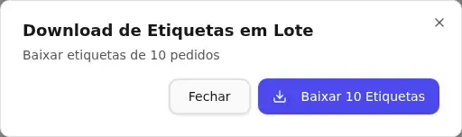Janela Download de Etiquetas em Lote com o botão Baixar 10 Etiquetas