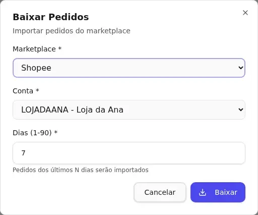 Janela Baixar Pedidos com os campos Marketplace, Conta e Dias (1-90)