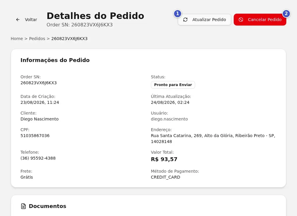 Detalhe do pedido com o cartão Informações do Pedido e os botões Atualizar Pedido (1) e Cancelar Pedido (2)