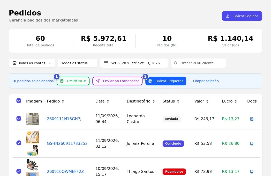 Tela Pedidos com dez pedidos selecionados e a barra de ações com Emitir NF-e (1), Enviar ao Fornecedor, Baixar Etiquetas (2) e Limpar seleção