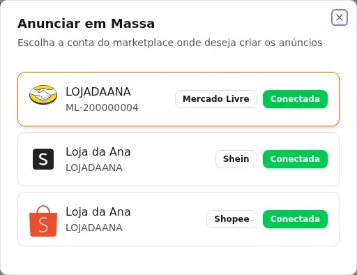 Janela Anunciar em Massa listando as contas de marketplace conectadas