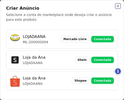 Janela Criar Anúncio com as contas conectadas e a conta Shopee em destaque (1)