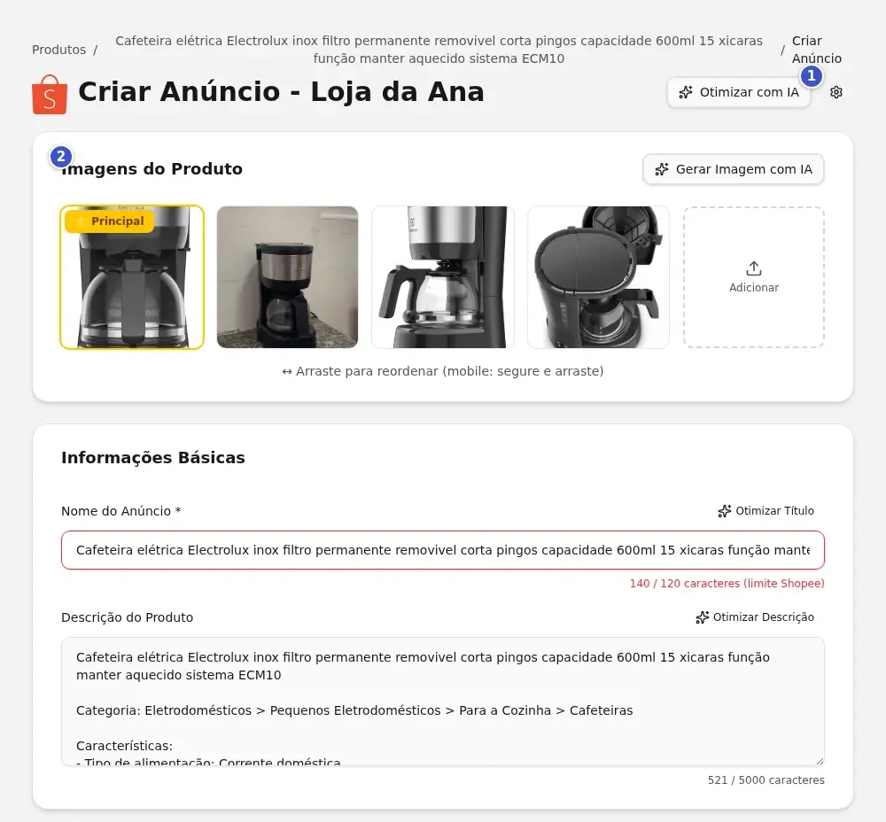 Formulário Criar Anúncio com o botão Otimizar com IA (1), o cartão Imagens do Produto (2) e os campos Nome do Anúncio e Descrição do Produto