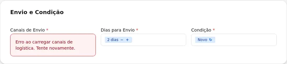 Cartão Envio e Condição com Canais de Envio, Dias para Envio e Condição
