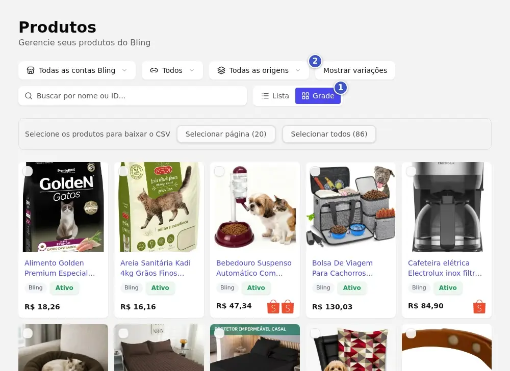Tela Produtos em grade, com o botão Grade (1) e o botão Mostrar variações (2)