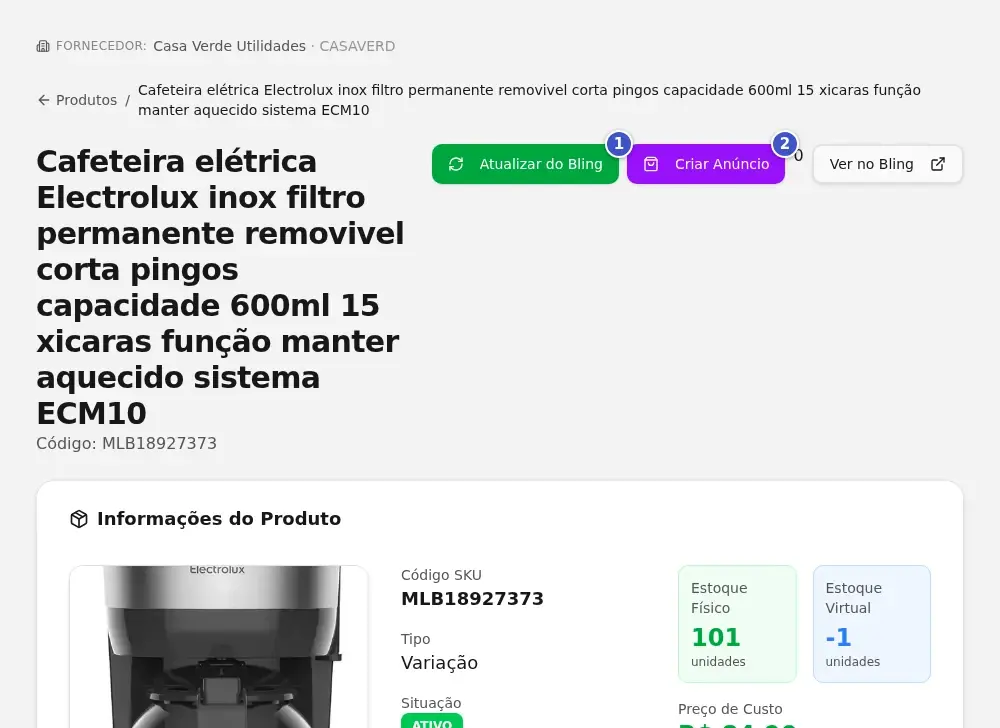 Detalhe do produto com os botões Atualizar do Bling (1) e Criar Anúncio (2) e o cartão Informações do Produto