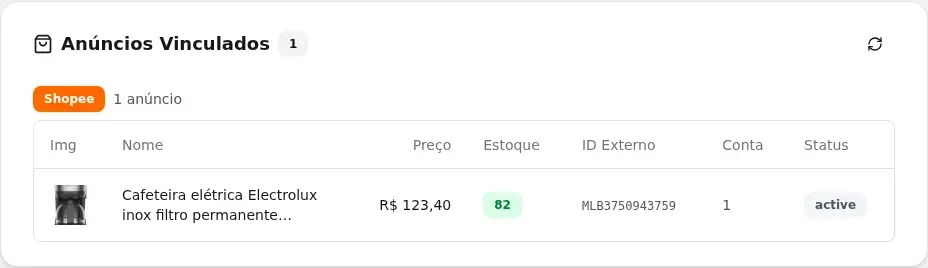 Cartão Anúncios Vinculados no detalhe do produto, com um anúncio Shopee listado com preço, estoque, ID externo, conta e status